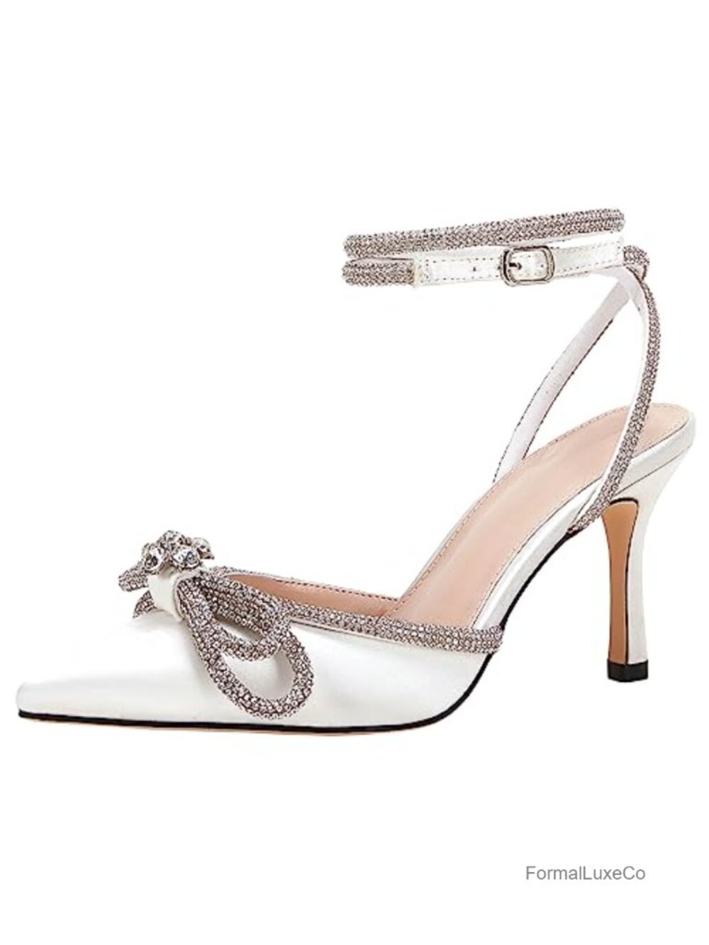 Double Bow Pointed Toe Ankle Strap Crystal Pumps Stilettos Satin Heeled Sandals